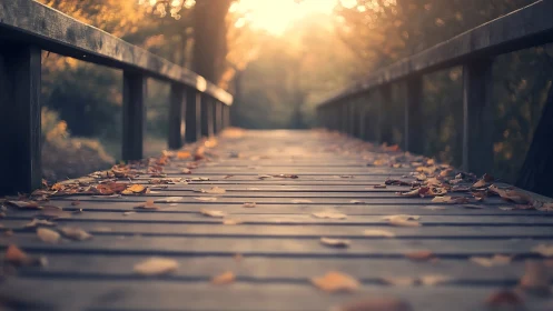 Wooden forest boardwalk in soft golden hour backlight.