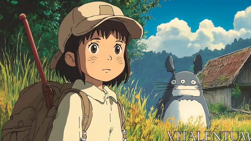 Young girl stands in field with large grey creature behind her