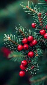 Evergreen branch holds clusters of glossy red berries