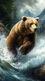 Majestic brown bear bounding through wild mountain river.