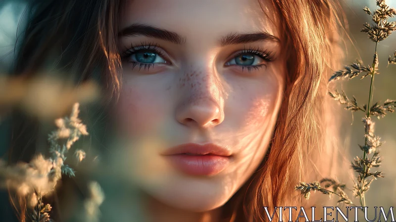 Sunlit freckled portrait in soft golden meadow light.