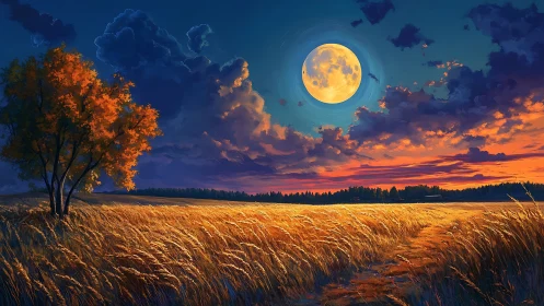 Harvest moon ignites a golden field under storm-bright skies.