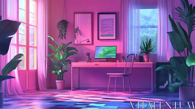 Neon sunset home office glows around minimalist desk