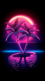 Neon palm trees stand before stylized sun over calm water