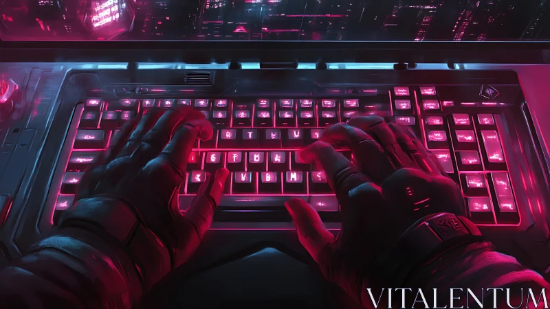 Tactile cybernetic gloves over neon backlit hacker keyboard.