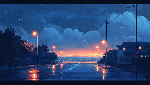 Rainy suburban street facing glowing distant city lights.