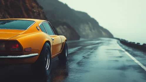 Vintage yellow coupe on wet coastal highway in misty light.