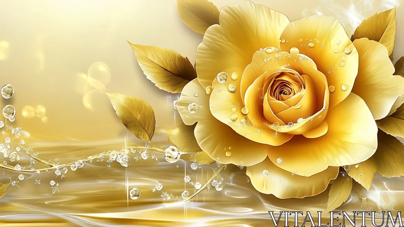 Golden Rose with Crystalline Dewdrops and Luminous Bokeh Effect