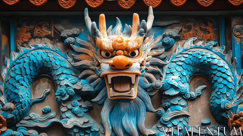 Ornate blue dragon relief sculpture on architectural panel.