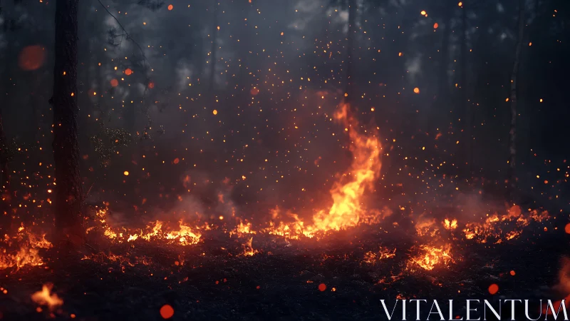 Wildfire Consuming Forest with Ash and Embers.