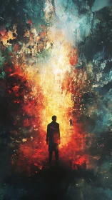 Two silhouettes walking into a blazing painted horizon.