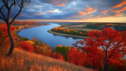 River valley curves through vivid autumn forest at sunset
