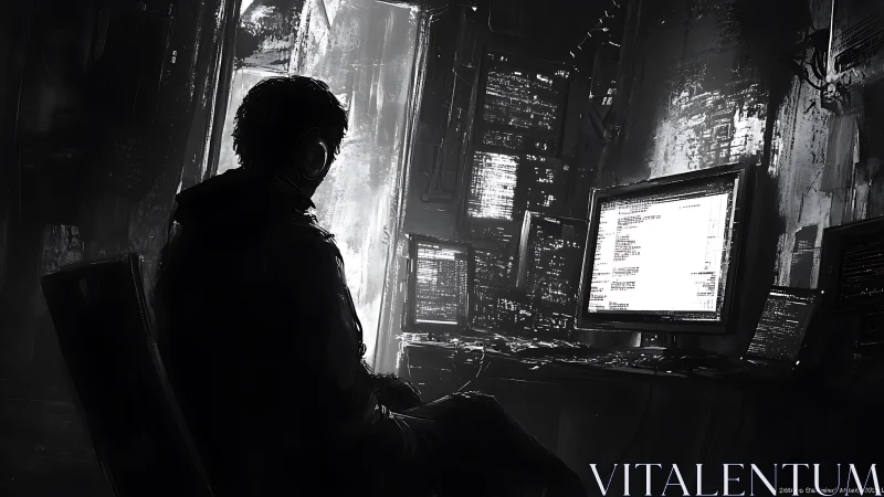Solitary hacker studies glowing code in dark cyber room