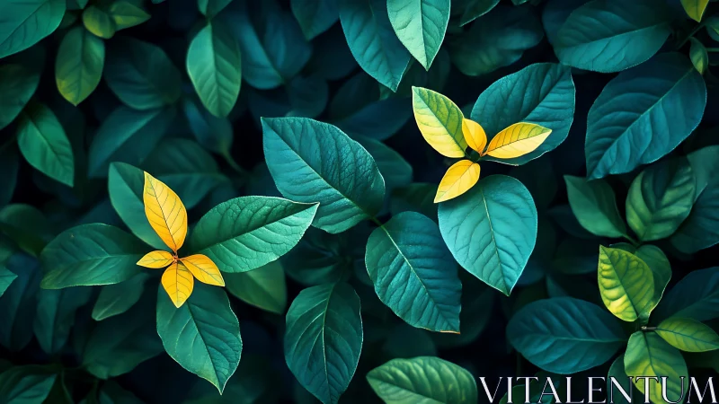 Green foliage with isolated yellow leaf clusters in focus.