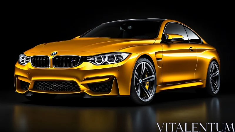 Golden sports coupe gleams under dramatic studio lighting.