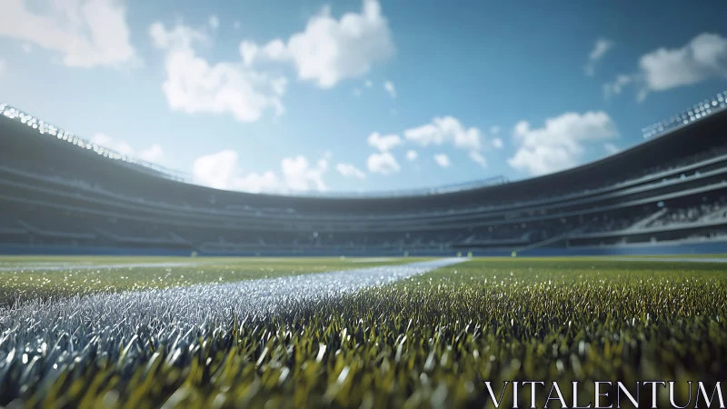 Sunlit football pitch line in modern open stadium bowl.