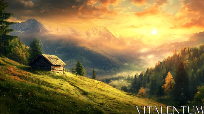 Golden sunrise pours over a tranquil mountain cabin valley