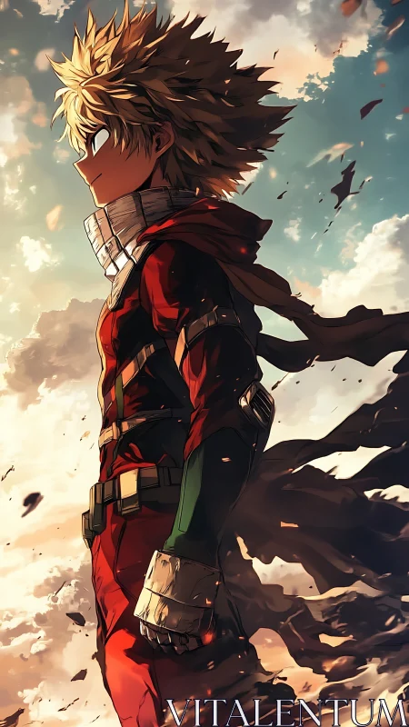 Determined anime hero stands in torn suit against sky.