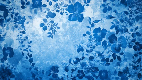 Blue floral pattern with layered botanical silhouettes.