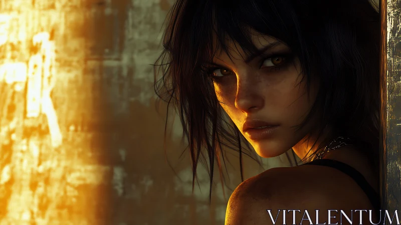 Backlit portrait of intense woman in golden urban light.