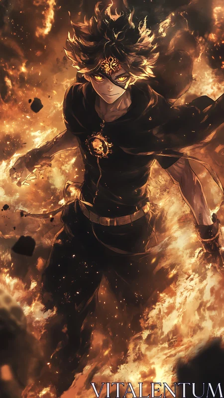 Fiery masked anime warrior walking through swirling flames.