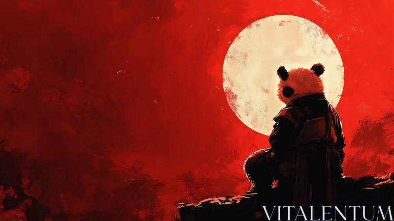 Lone panda warrior resting beneath a bold crimson moon.