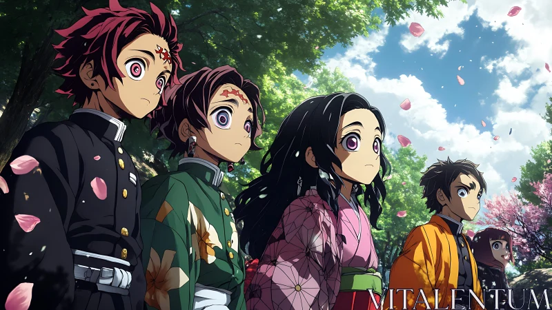 Cherry blossom anime heroes beneath glowing forest sky.