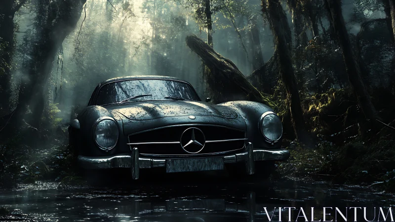 Abandoned classic Mercedes rests in a misty, overgrown forest