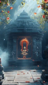 Stone temple sanctum with seated deity and falling petals.