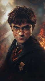Young wizard in uniform amid fire and smoke background.