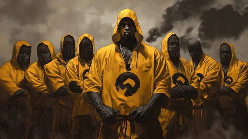 Hooded warriors in yellow robes stand united amid smoke