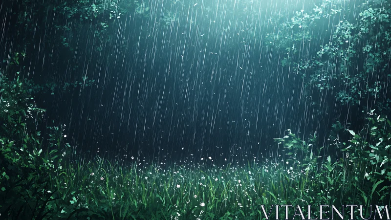 Rain Storm Through Verdant Meadow: Atmospheric Digital Composition.
