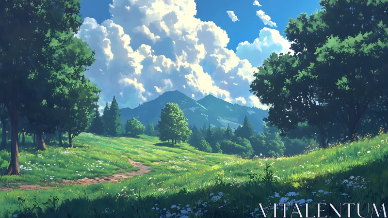 Sunlit meadow path leading toward distant blue mountains.