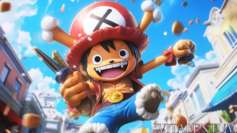 Energetic anime pirate hero jumping through bright street.