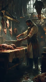 Butcher working in dimly lit rustic meat workshop.