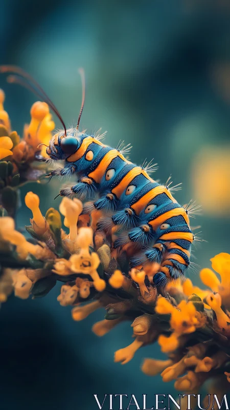 Macro study of blue orange caterpillar showing segment detail