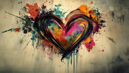 Vibrant abstract heart painting with colorful splatters on canvas.