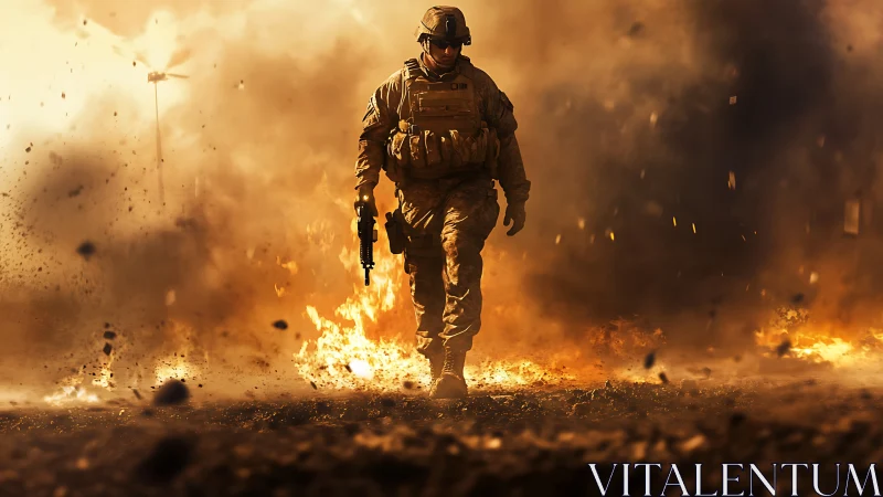 Soldier advancing through explosion in dusty war zone.