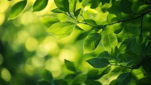 Sunlit Green Leaves in Soft Focus Nature Photography Style.