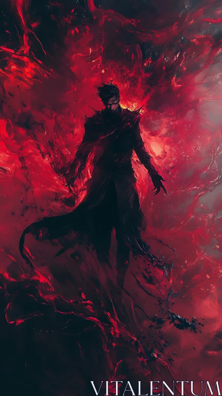 Silhouetted figure within swirling red abstract energy field.