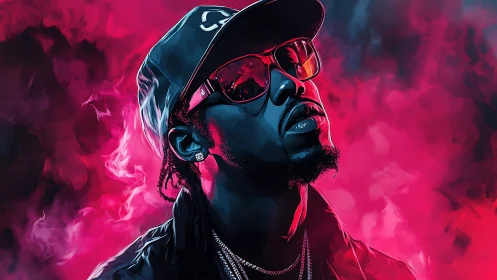 Digital portrait of rapper in pink neon haze background.