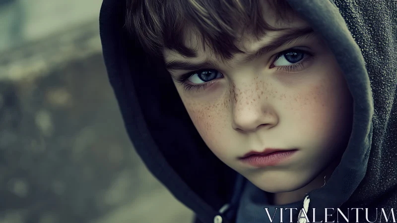 Close portrait of freckled child wearing dark hooded jacket