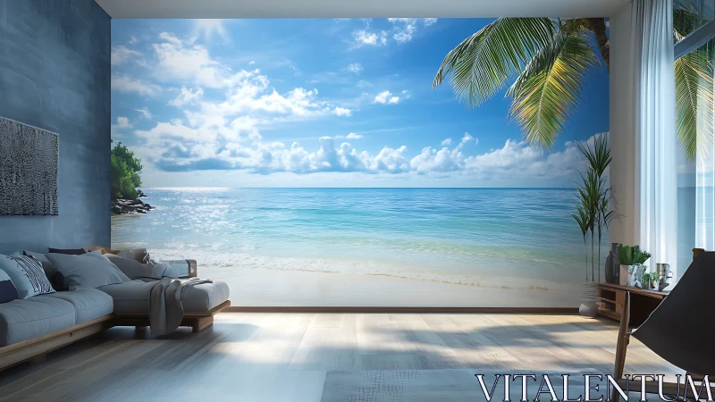 Modern living room with full wall tropical beach mural decor.