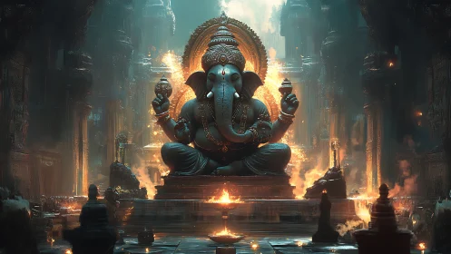 Temple embers crown the colossal seated elephant deity