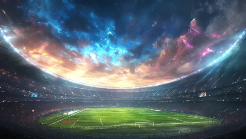 Vast football stadium under dramatic multicolored evening sky