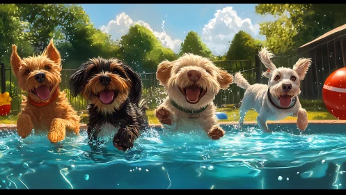 Small dogs jumping into backyard swimming pool outdoors.