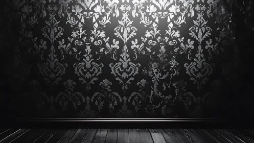 Dark damask wallpaper with dramatic spotlighted texture.