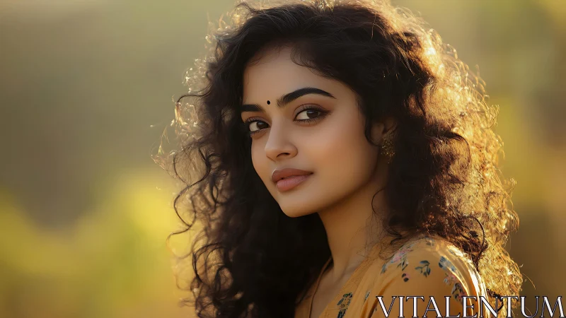 Golden hour portrait glows with soft curls and gentle gaze