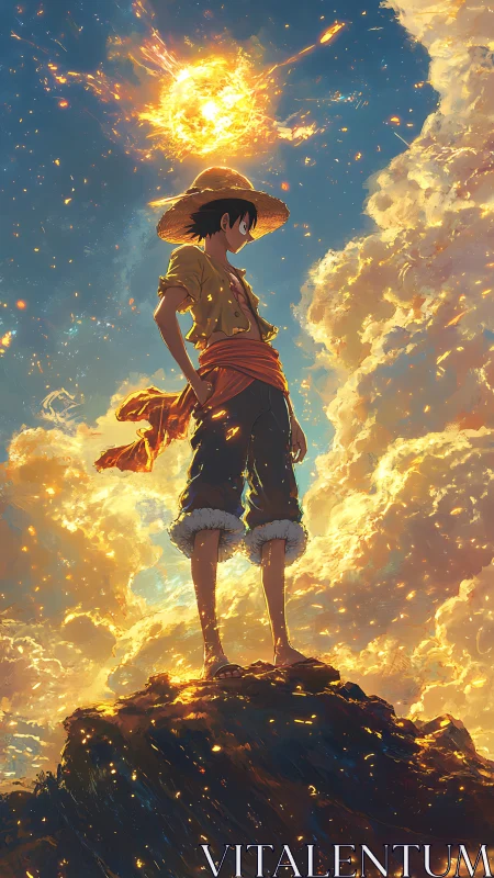 Straw-hatted hero silhouetted on cliff under blazing sky.