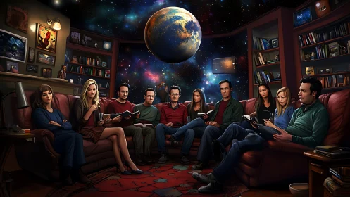 Stargazing book club gathers under a cosmic living room sky
